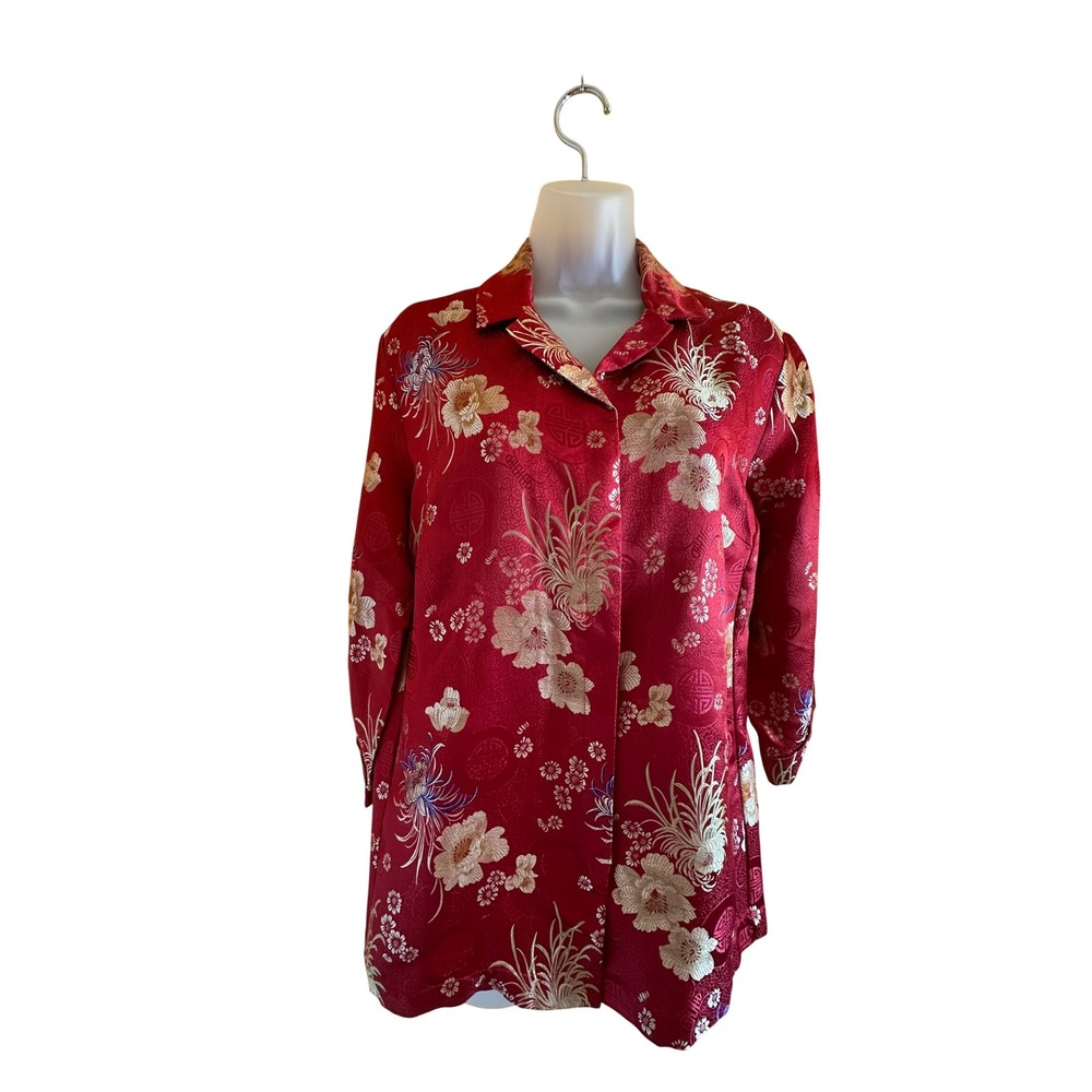 Vintage NWTChicos Design Red Satin Jacquard Asian Floral Blouse Top Size 1 NEW